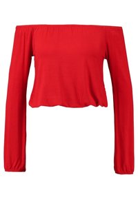 Rode off-the-shoulder top gemaakt van een zachte, rekbare stof, met lange mouwen en een cropped ontwerp met een geplooide onderrand.