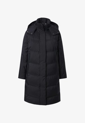 Sort vinterjakke med hætte, der har et quiltet design, lynlåslukning foran og sidelommer. Glat, vandafvisende stof.