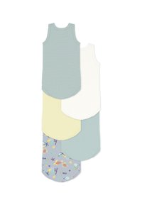 Πέντε αμάνικα παιδικά μπλουζάκια σε διάφορα χρώματα: γαλάζιο με ρίγες, λευκό, κίτρινο, μονόχρωμο γαλάζιο και μπλε με σχέδιο θαλάσσιων πλασμάτων.