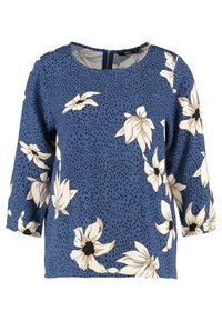 Haut bleu à motifs floraux avec un col rond, des manches trois-quarts et une fermeture éclair au dos. Présente des fleurs blanches et un motif à pois sur le tissu.