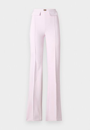 Rosa høyt liv flared bukser med frontlommer og strukturert midjebånd. Glatt stoff med sømdetaljer langs bena.