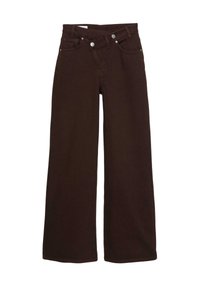 Jeans a gamba larga marroni con vita alta, chiusura con zip frontale e bottone, dotati di tasche frontali e posteriori.