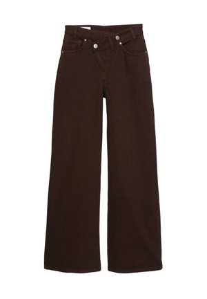 Jeans a gamba larga marroni con vita alta, chiusura con zip frontale e bottone, dotati di tasche frontali e posteriori.