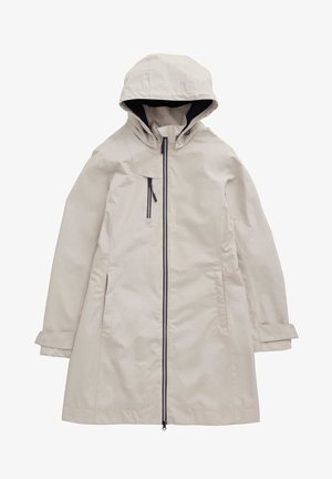 Gaišs beidžu krāsas ūdensnecaurlaidīgs mētelis ar kapuci, priekšpuses rāvējslēdzējs, sānu kabatas un rūpīgi sarullēti piedurknes. Strukturēts audums ar gludu apdari.