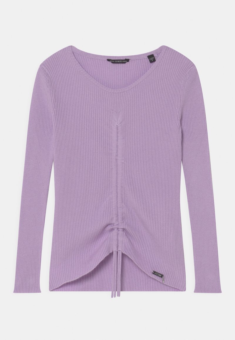 Haut lilas à manches longues en ribbé avec un décolleté en V et un cordon de serrage en bas. Texture douce avec un accent logo en bas à droite.