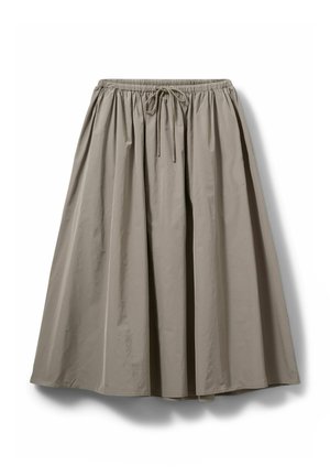 Bēšas krāsas ceļgalu garuma svārki no viegla auduma, ar elastīgu jostasvietu un auklu, kā arī brīvu, savāktu dizainu.