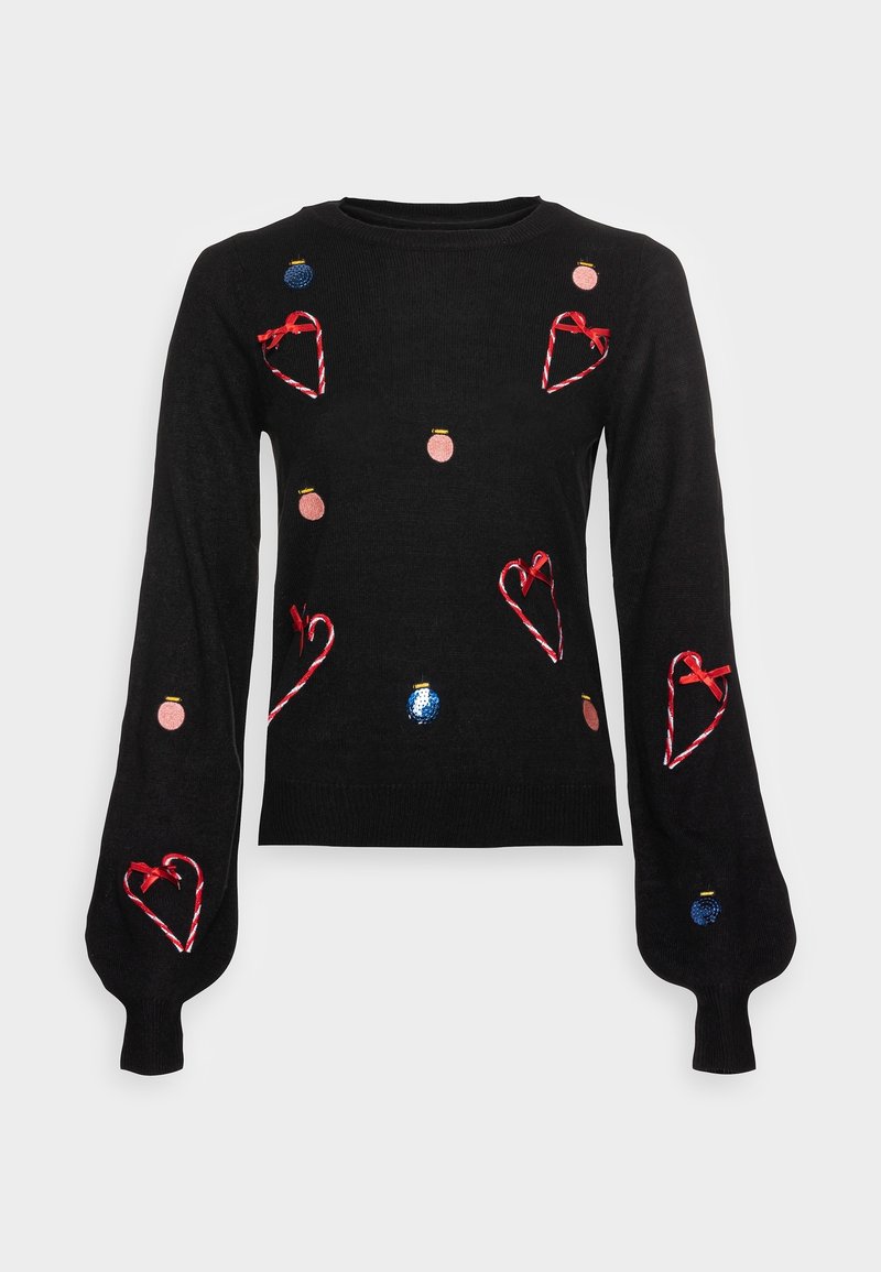 Pull noir à manches longues avec des cœurs en bonbon canne rouges en forme de ruban et des décorations de Noël bleu et rose.