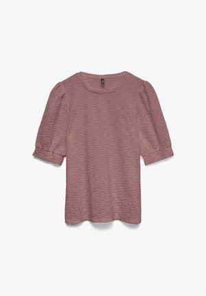 Rosa texturerad blus med korta puffärmar, rund halsringning och en avslappnad passform. Tyget har ett subtilt, veckat mönster.