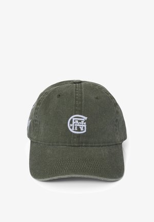 Cappello da baseball verde oliva con logo circolare bianco ricamato, centrato sopra la visiera, su sfondo bianco.