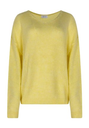 Pull en tricot jaune doux à manches longues et col rond, avec une coupe décontractée et légèrement surdimensionnée.