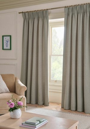 Beige living room with striped curtains partially open on a window, a beige sofa with a pillow, a coffee table with books and a vase of flowers.