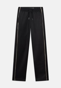 Zwarte sweatpants van gladde stof, met een elastische tailleband, verstelbaar trekkoord en crèmekleurige zijkanten voor contrast.