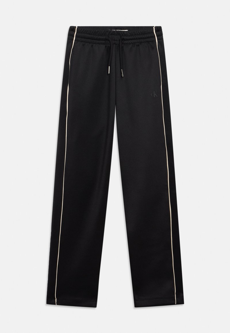 Zwarte sweatpants van gladde stof, met een elastische tailleband, verstelbaar trekkoord en crèmekleurige zijkanten voor contrast.