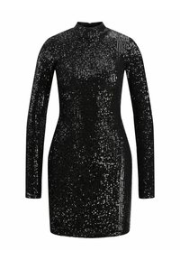 Schwarzes, langärmeliges Minikleid, das mit Pailletten bedeckt ist, mit hohem Ausschnitt und figurnaher Silhouette, einem glatten Material und glänzender Optik.