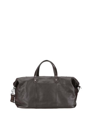 Sac de voyage en cuir marron foncé avec deux poignées et une sangle d'épaule réglable, présenté sur un fond blanc.