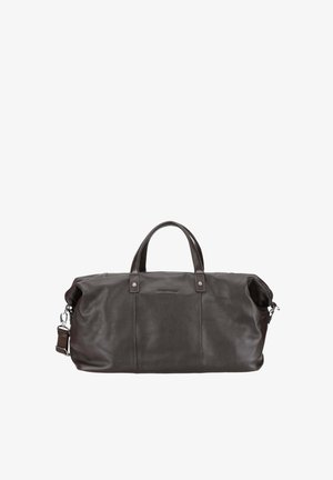 Sac de voyage en cuir marron foncé avec deux poignées et une sangle d'épaule réglable, présenté sur un fond blanc.