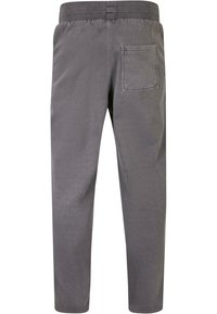 Pantalons en mélange de coton gris avec une taille élastique, jambes droites et une poche arrière unique. Texture lisse, sans motifs visibles.
