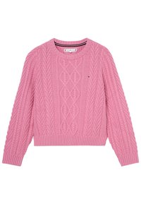 Rosa stickad kabeltröja med långa ärmar, ribbad krage och nederkant, med en liten Tommy Hilfiger-logotyp på bröstet.