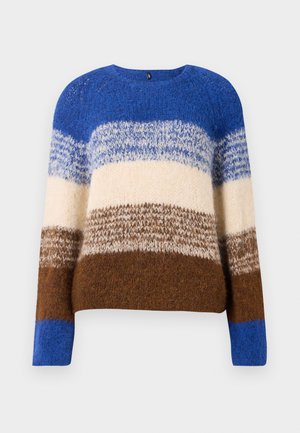 Maglione lavorato a maglia con scollo rotondo. Presenta righe orizzontali blu, crema e marrone. Texture morbida e vestibilità ampia. Maniche lunghe.