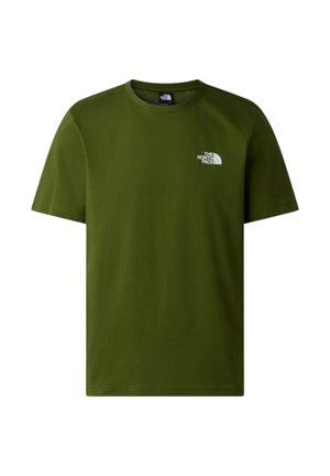 T-shirt verde oliva a maniche corte con collo rotondo e piccolo logo bianco "The North Face" sul petto a sinistra.