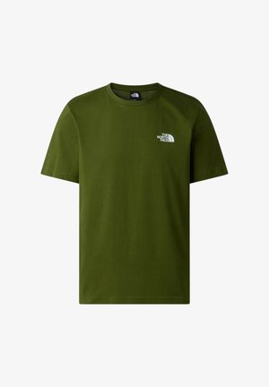 T-shirt verde oliva a maniche corte con collo rotondo e piccolo logo bianco "The North Face" sul petto a sinistra.