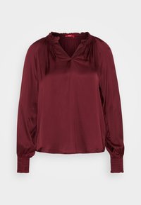 Bordeauxfarbene Bluse aus glattem Satinstoff mit V-Ausschnitt und gerafften Details sowie langen, elastischen Ärmeln für eine lockere Passform.