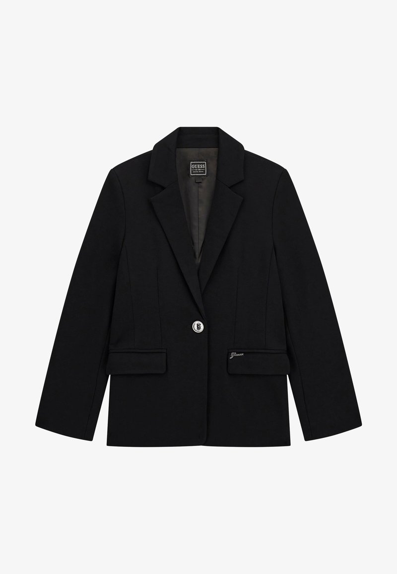 Blazer nero realizzato in tessuto con una texture liscia. Presenta rever a punta, chiusura con un solo bottone e due tasche frontali.