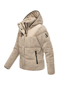 Beige fleece jacket with a hood, featuring a smooth fabric upper, zippered pockets, and black stitching accents on the front and sleeves.