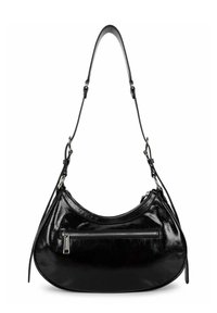 Borsa a spalla in pelle nera con finitura lucida, forma curvata, tasca con zip sul davanti e tracolla regolabile.
