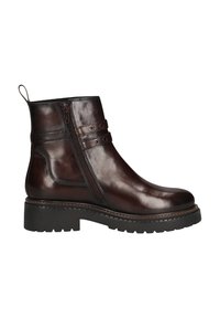 Braune Leder-Ankle-Boots mit glatter Oberfläche, seitlichem Reißverschluss, doppelt geschnallten Akzenten und einer strukturierten Gummisohle. Klassisches Rundschnittdesign.