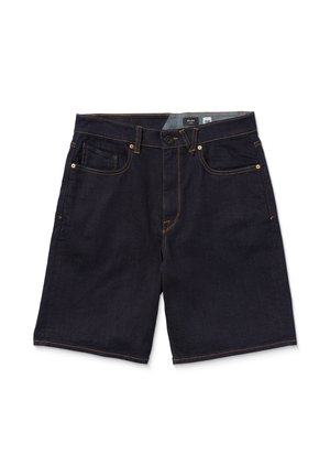 Dunkelblaue Jeansshorts mit geradem Schnitt, fünf Taschen, kontrastierendem orangenem Nähen, Knopfverschluss und genähtem Bunddetail.