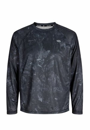 Langärmeliges schwarzes und graues Sportshirt mit Rundhalsausschnitt, kleinem weißem Logo auf der Brust und Schriftzug nahe der Schulter und am Saum.