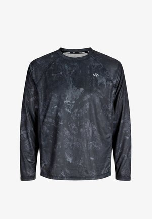 T-shirt de sport à manches longues noir et gris à motifs, col rond, petit logo blanc sur la poitrine et texte près de l'épaule et de l'ourlet.