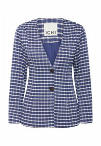 Blazer à carreaux bleus et blancs avec manches longues, deux boutons foncés et un col en V profond.