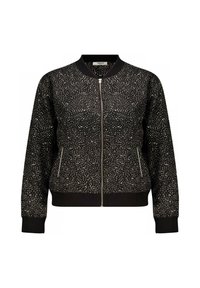 Zwarte bomberjack met een gestructureerd wit spikkelpatroon, rits aan de voorkant, ribgebreide manchetten en zoom, met zijzakken en een ronde kraag.