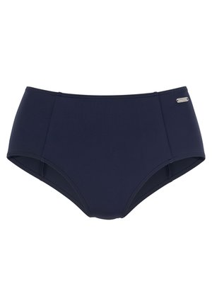 Hochgeschnittener Bikini-Unterteil in Marineblau aus glattem, dehnbarem Stoff. Verfügt über dezente Seitennähte und ein kleines, metallisches Logodetail.