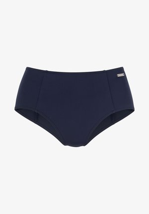Navy blue high-waisted bikini bottom made of smooth, stretchy fabric. Features subtle side seams and a small metallic logo detail.