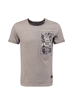 Hellgraues T-Shirt mit kurzen Ärmeln und Rundhalsausschnitt, mit einer schwarz-weißen Motorrad-Renn-Grafik und dem Text "DIRTY RIDE" auf der Brusttasche.