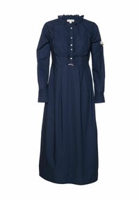 Tengerészkék hosszú ujjú ruha gombos elöl, fodros gallérral és derékkülönlegességgel. Texturált anyagból készült, lebegő sziluettel.