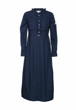 Granatowa sukienka z długim rękawem, zapinana na guziki z falbankowym kołnierzem i podkreśleniem talii. Wykonana z teksturowanej tkaniny o płynnej sylwetce.