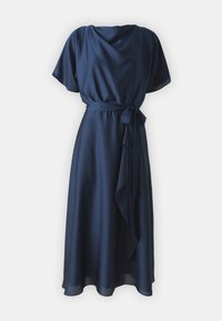 Robe bleu marine en tissu lisse, dotée de manches courtes volantées, d'une taille ceinturée et d'une jupe fluide avec un ourlet asymétrique.