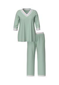 Hellgrünes Loungewear-Set mit einem V-Ausschnitt-Oberteil, das über dreiviertellange Ärmel und gestreifte Akzente verfügt, kombiniert mit einer Hose mit elastischem Bund.