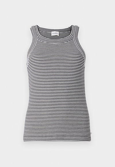 Stribet tanktop med slim fit design, sorte og hvide farver, ribbet tekstur og brede skulderstropper.