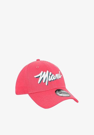 Red baseball cap with a curved visor, featuring white and teal embroidered "Miami" text on the front. Adjustable back strap included.