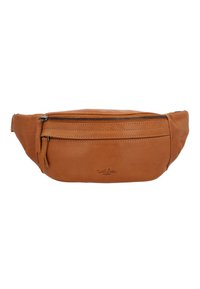 Borsa a vita in pelle marrone con due tasche anteriori con zip, cuciture visibili e una tracolla regolabile.