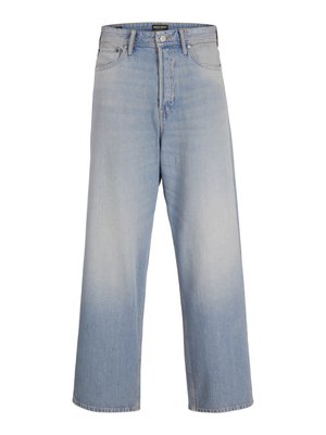 Jeans de perna larga em azul claro, feitos de denim, com uma cintura alta, bolsos frontais e um efeito de lavagem desbotada para uma aparência texturizada.
