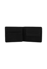 Portefeuille en cuir noir avec plusieurs emplacements pour cartes et une seule poche pour les billets ou les documents ; possède une texture lisse et élégante ainsi qu'une couture précise.
