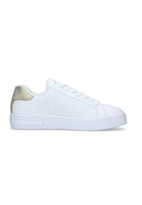 White sneakers with textured upper, featuring geometric patterns, white rubber sole, and a gold accent on the heel. Laced design with six eyelets.