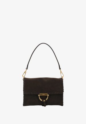 Brown suede clutch bag with a gold hardware clasp, a braided edge, and a single shoulder strap. Flat rectangular shape, no visible patterns.