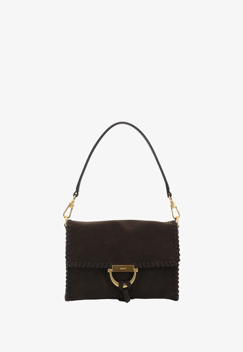 Brown suede clutch bag with a gold hardware clasp, a braided edge, and a single shoulder strap. Flat rectangular shape, no visible patterns.